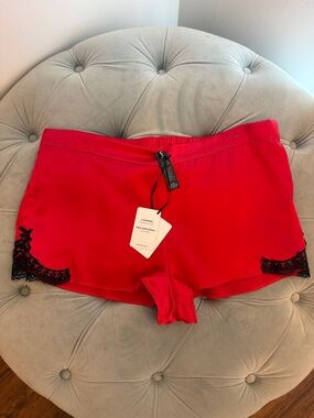 Aubade Red Silk Short Pajama with Black Lace Trim